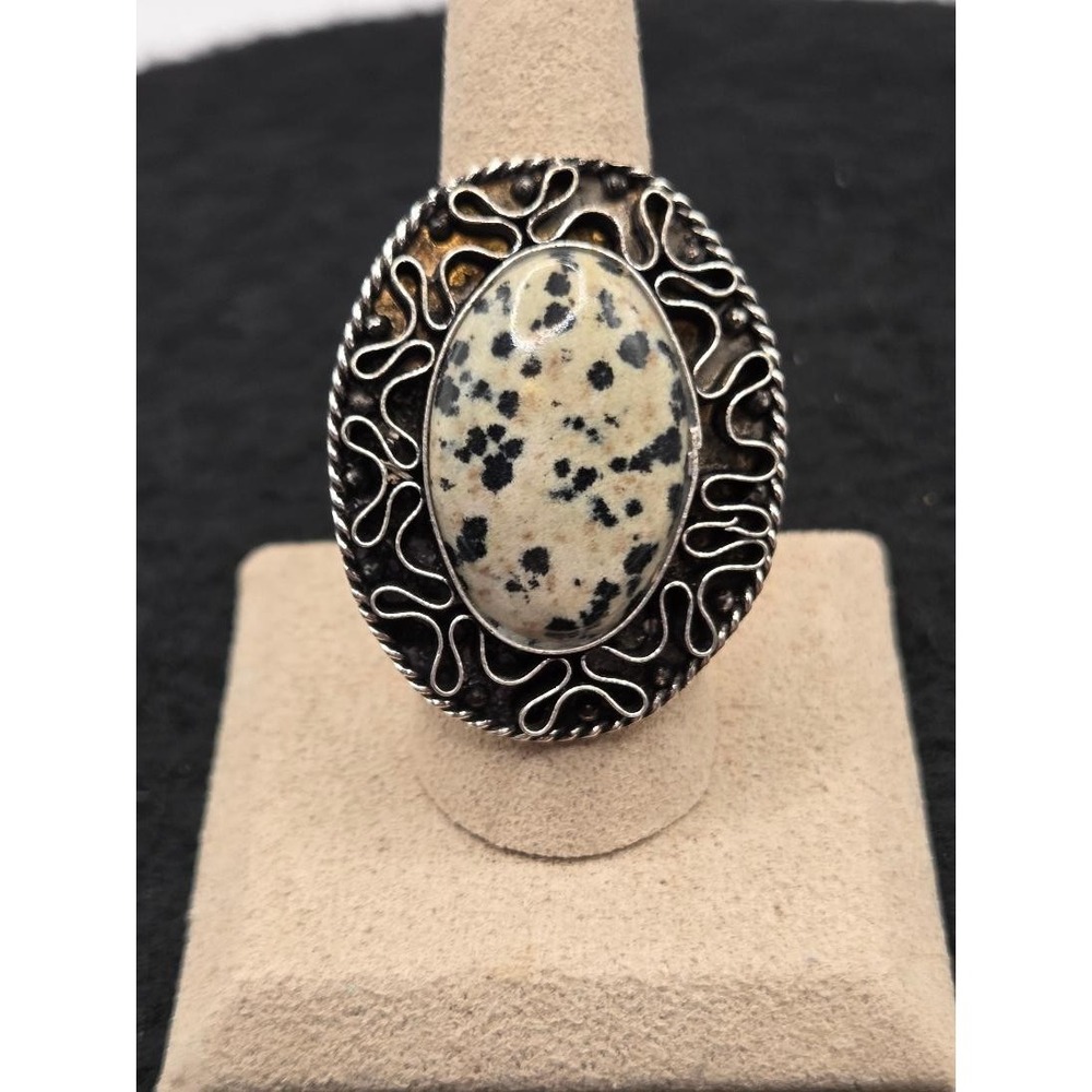 Vintage Handmade Dalmatian Jasper Silver Tone Filigree Oval Ring Size 9